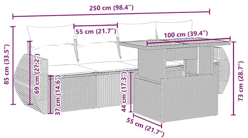 5 pcs conjunto de sofás p/ jardim com almofadões vime PE bege