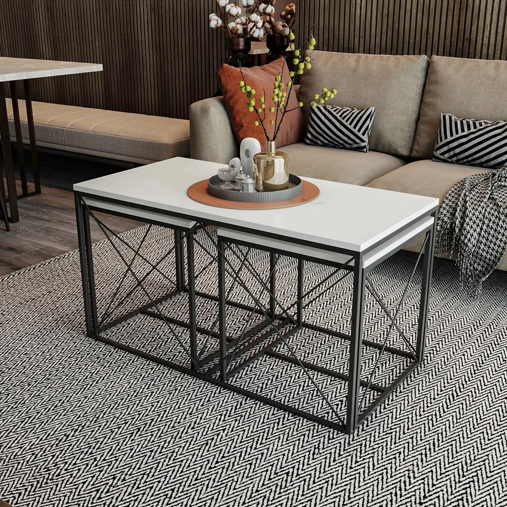 Conjunto de Mesas de Centro Defne – Branco e Preto – Medidas: 100x52x5