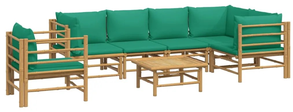 7 pcs conjunto lounge de jardim bambu c/ almofadões verdes