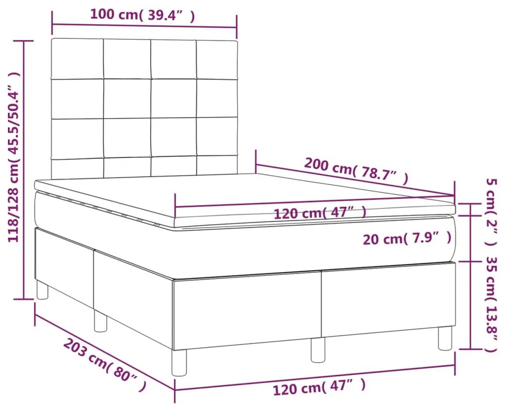 Cama box spring c/ colchão/LED 120x200cm veludo cinzento-escuro