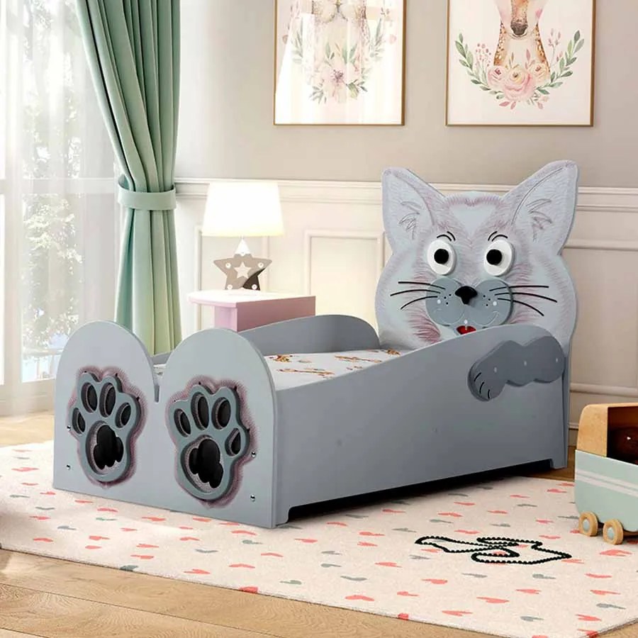 Cama para criança Animais Gatinho Pequena 165 x 87 x 112 cm, Oferta colchão e Estrado, confortável, capacidade de 100 kg Cinzenta