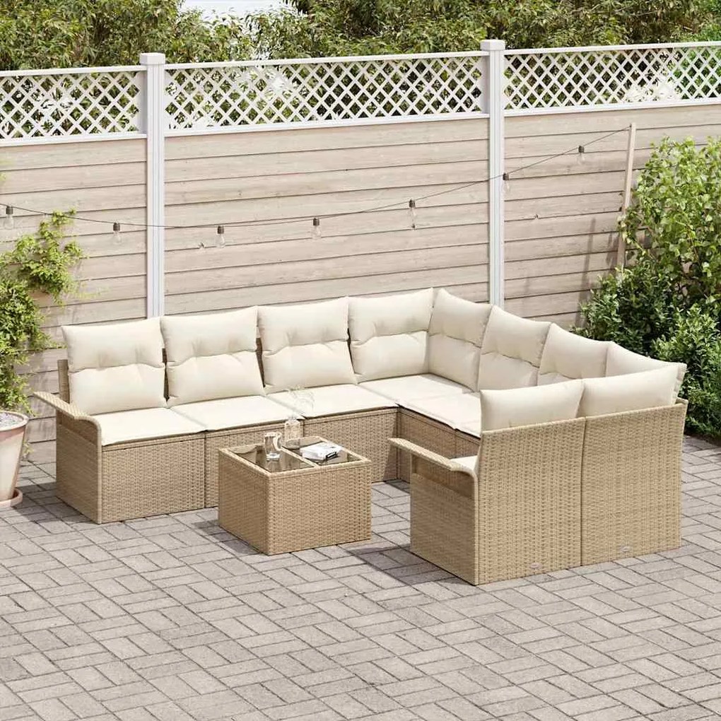 Conjunto de sofá de jardim 9 peças com almofadas bege em polirattan