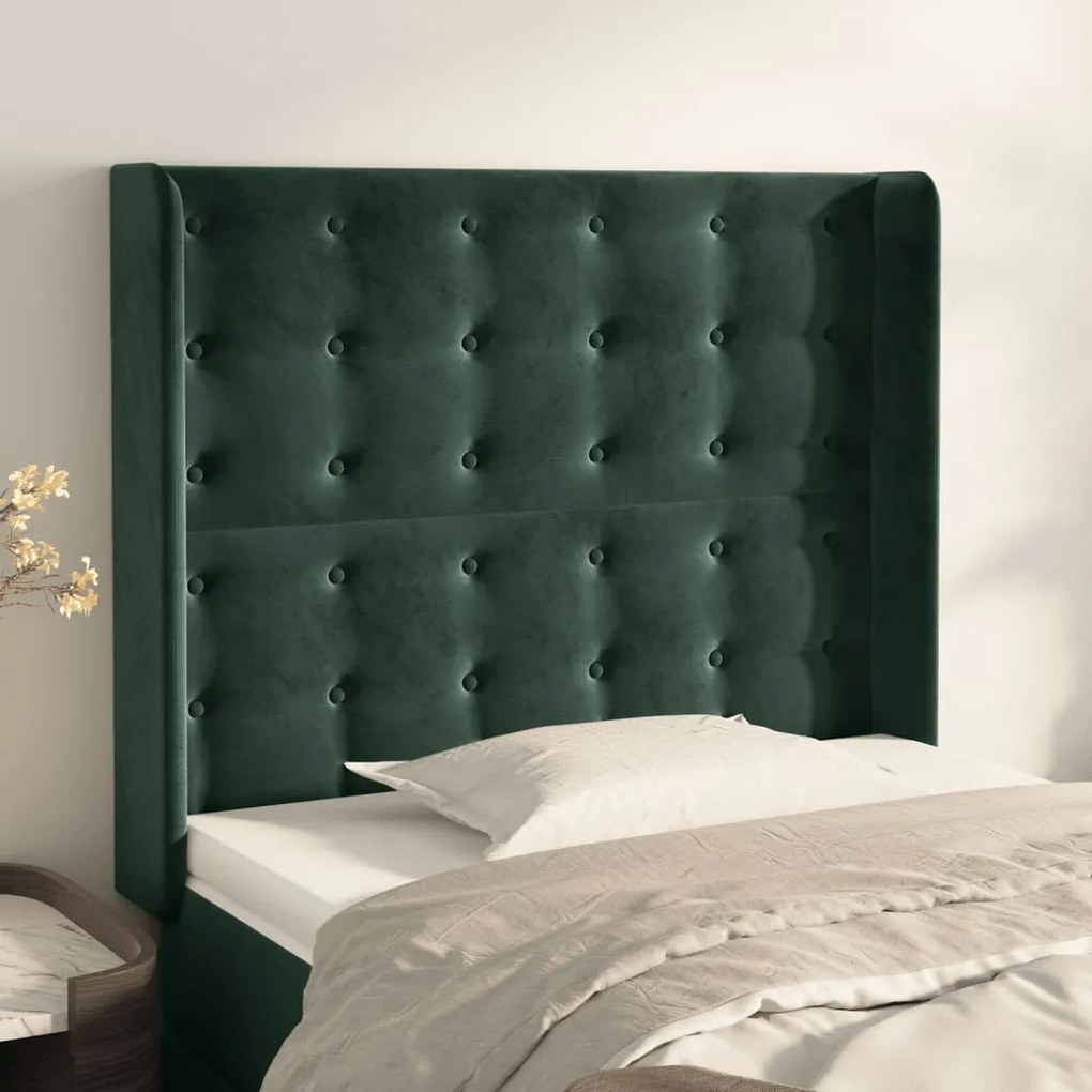 vidaXL Cabeceira cama c/ abas veludo 83x16x118/128 cm verde-escuro