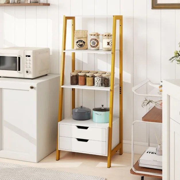 Estante em forma escada 52 x 39,5 x 134 cm com 4 prateleiras abertas e 2 gavetas Branco + Dourado