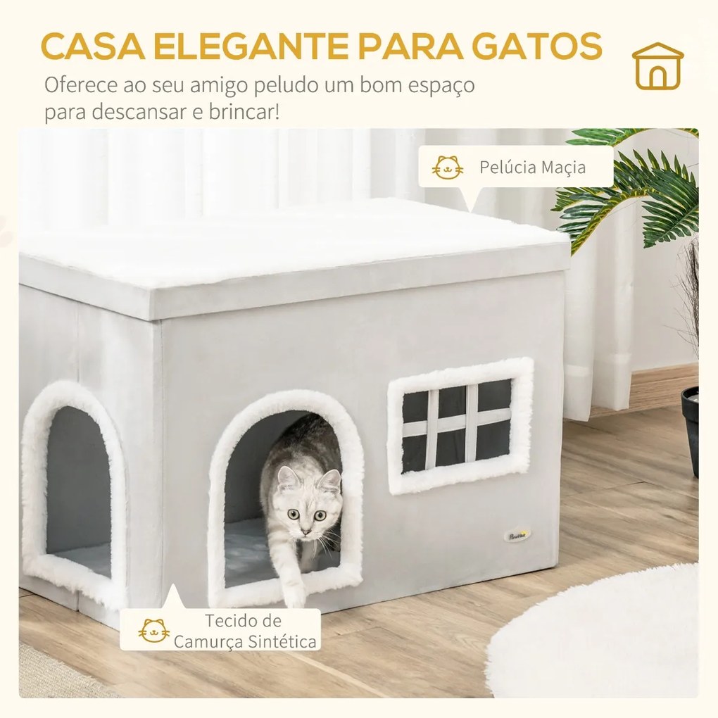 Casa Dobrável para Gatos Caverna para Gatos com Almofadas de Pelúcia Suave Tampa Removível 2 Entradas e Janela 71x42x49cm Cinza Claro