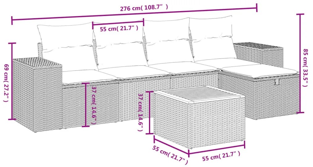 6 pcs conjunto sofás de jardim c/ almofadões vime PE preto