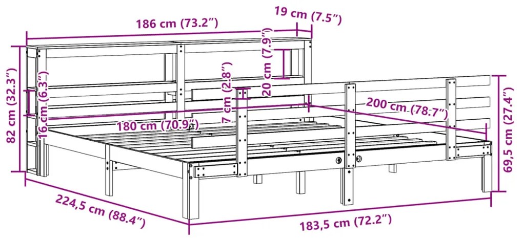Estrutura cama c/ cabeceira 180x200cm pinho maciço castanho-mel