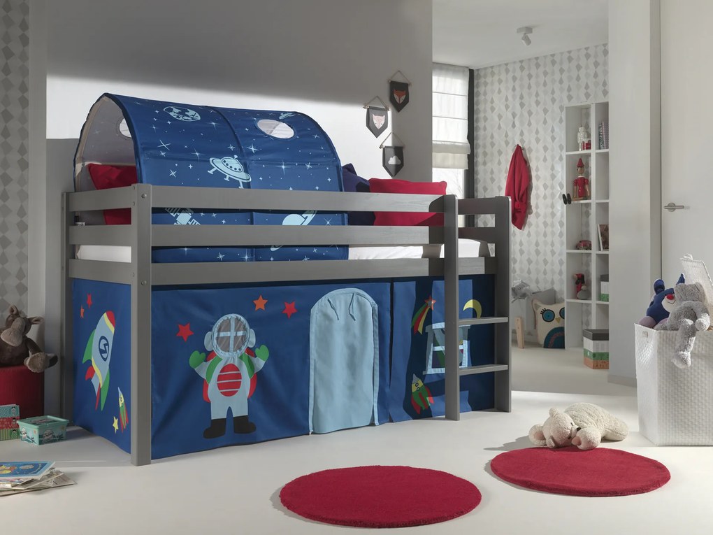 Conjunto Cama alta de Criança PINO 90 x 200 cm + estrado + escada + cortina + tunel Astronauta Cinzenta