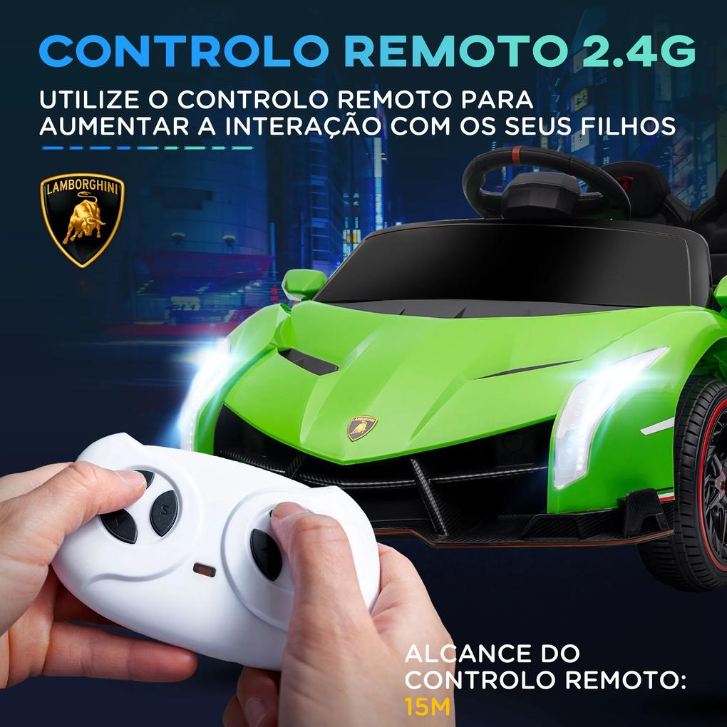 Carro Elétrico Lamborghini 12V Velocidade Máxima 7 km/h com Controlo Remoto MP3 Luzes e Cinto de Segurança 111x61x45 cm Verde