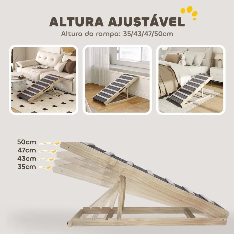 Rampa Dobrável para Cães com Altura Ajustável 35-50 cm e Tapete Antiderrapante 100x50x50 cm Madeira e Cinza