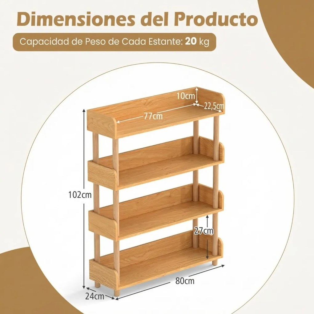 Estante de madeira 80 x 24 x 102 cm com 4 níveis, postes em pinho, corrimões altos, prateleiras abertas, para livros e plantas, para sala de estar ou