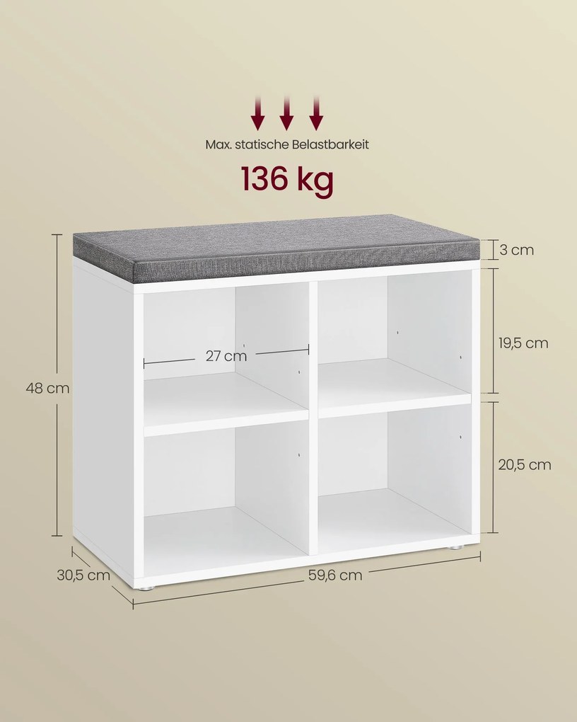 Banco sapateira com 4 compartimentos 30,5 x 59,6 x 48 cm em Cinzento e branco