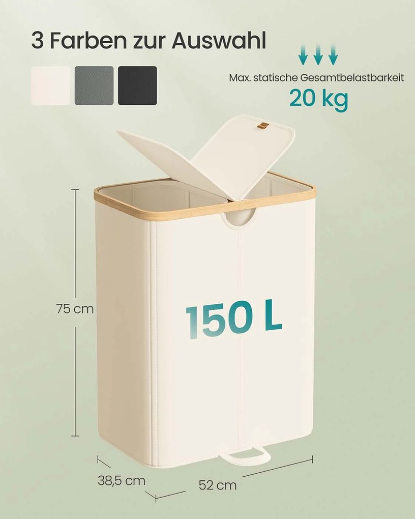 Cesto para roupa suja com dois compartimentos (150L) 52 x 38,5 x 75 cm Creme + Bege natural
