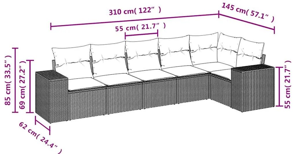 6 pcs conjunto de sofás p/ jardim com almofadões vime PE bege