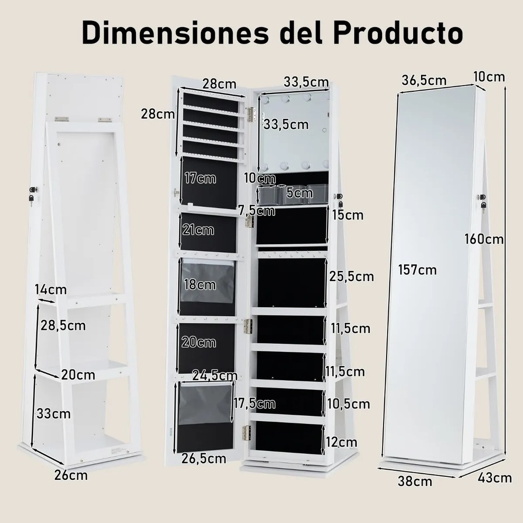 Armário giratório de 360° para joias com espelho de corpo inteiro 43 x 38 x 160 cm e prateleiras Espelho de maquilhagem Branco