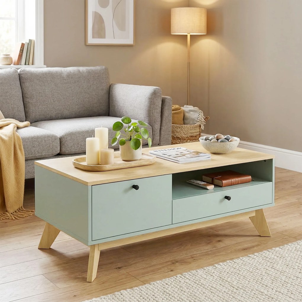 Mesa de centro, 100 x 50 x 40 cm retangular com gaveta, porta e compartimento aberto, verde claro e cor carvalho
