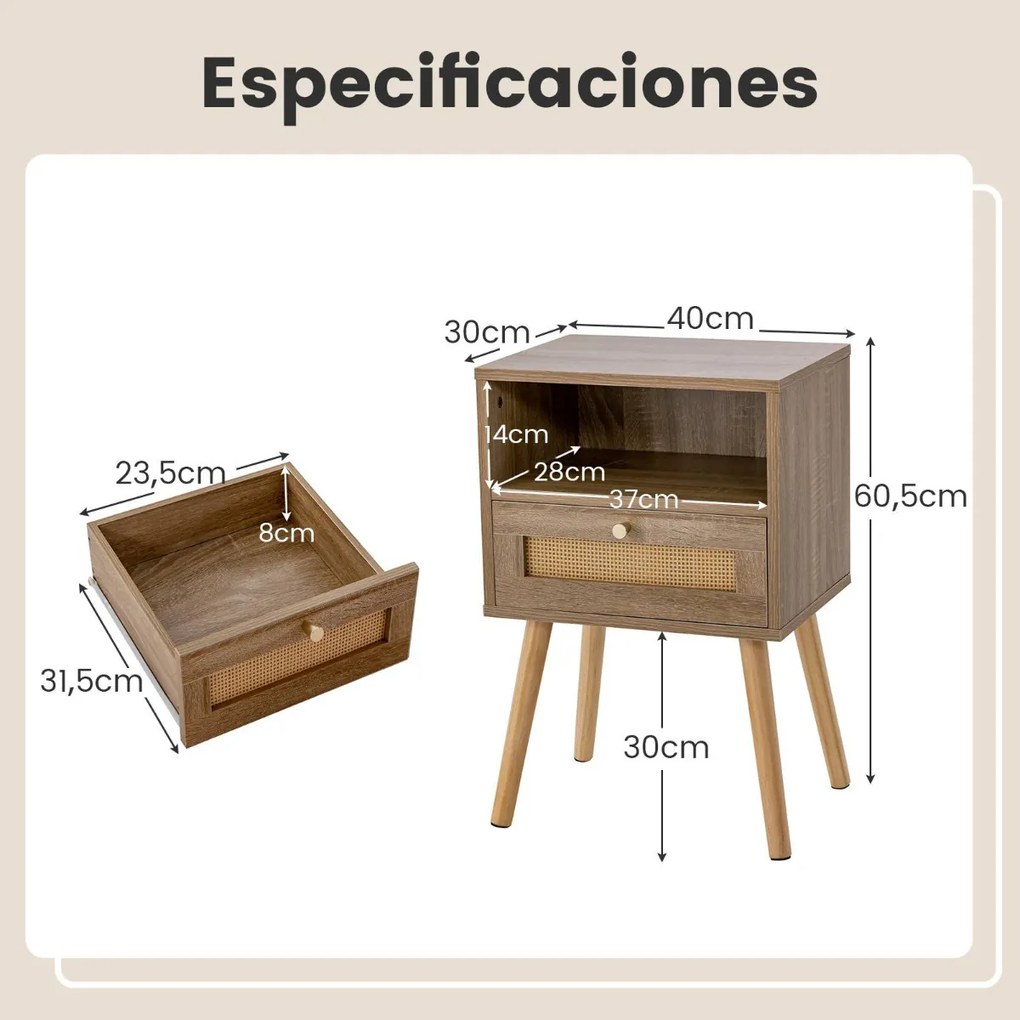 Conjunto de 2 mesas de cabeceira em rattan com gaveta Mesa decorativa multifuncional para sala de estar Quarto 40 x 30 x 60,5 cm Natural