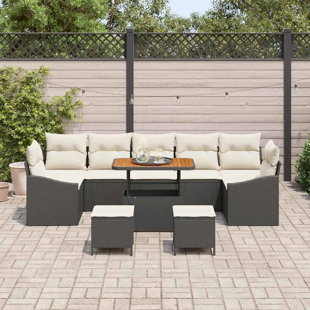 Conjunto de Sofás de Jardim de 10 peças com Almofadas Preto Vime Polié