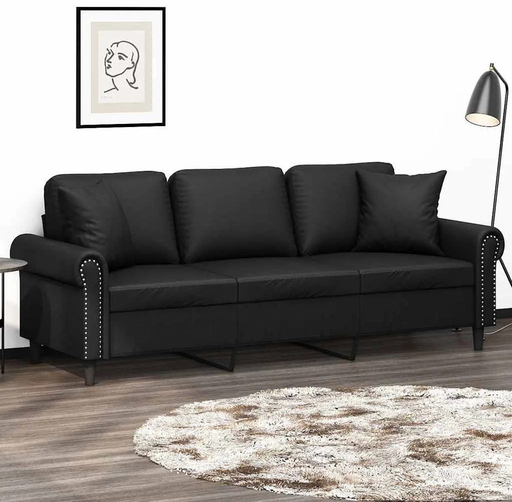 vidaXL Sofá 3 lugares c/ almofadas/almofadões 180cm couro artif. preto