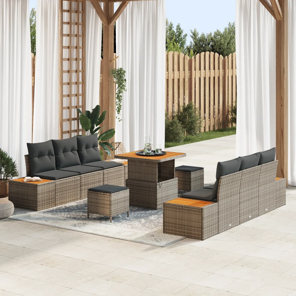 Conjunto de Sofá de Jardim de 9 Peças com Almofadas Cinza de Rattan Po