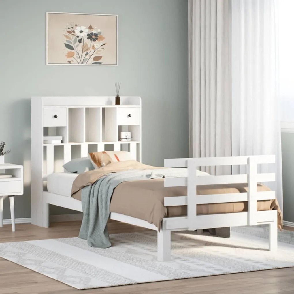 Cama com estante sem colchão 75x190 cm pinho maciço branco