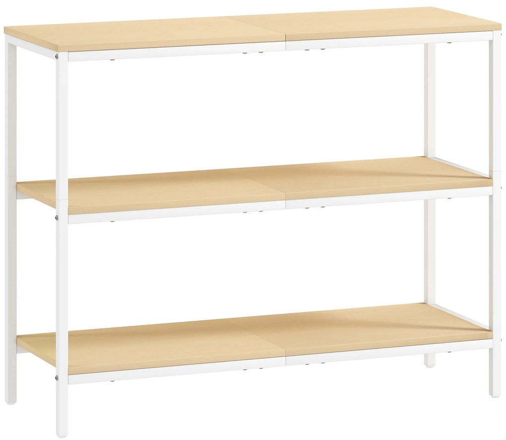 Mesa Consola Estreita Consola de Entrada Moderna com 3 Prateleiras Abertas e Pés de Metal 101x35x80 cm Madeira e Branco