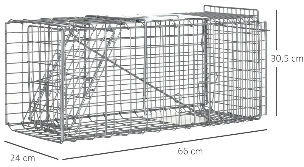 Armadilha para Animais Vivos Dobrável 66x24x30,5 cm Gaiola de Captura com Porta e Alça para Coelhos Roedores Prata