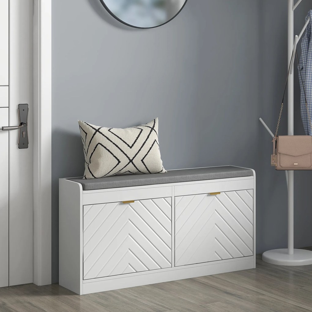 Banco para sapatos, banco com arrumação 106 x 24 x 52,5 cm, assento almofadado, gaveta rebatível, porta com padrão , branco