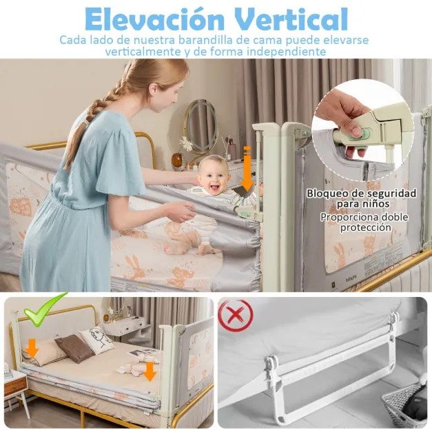 Barra segurança para cama infantil de 180 cm com elevação vertical de altura ajustável e trava de segurança dupla com impressão de folhas cinza