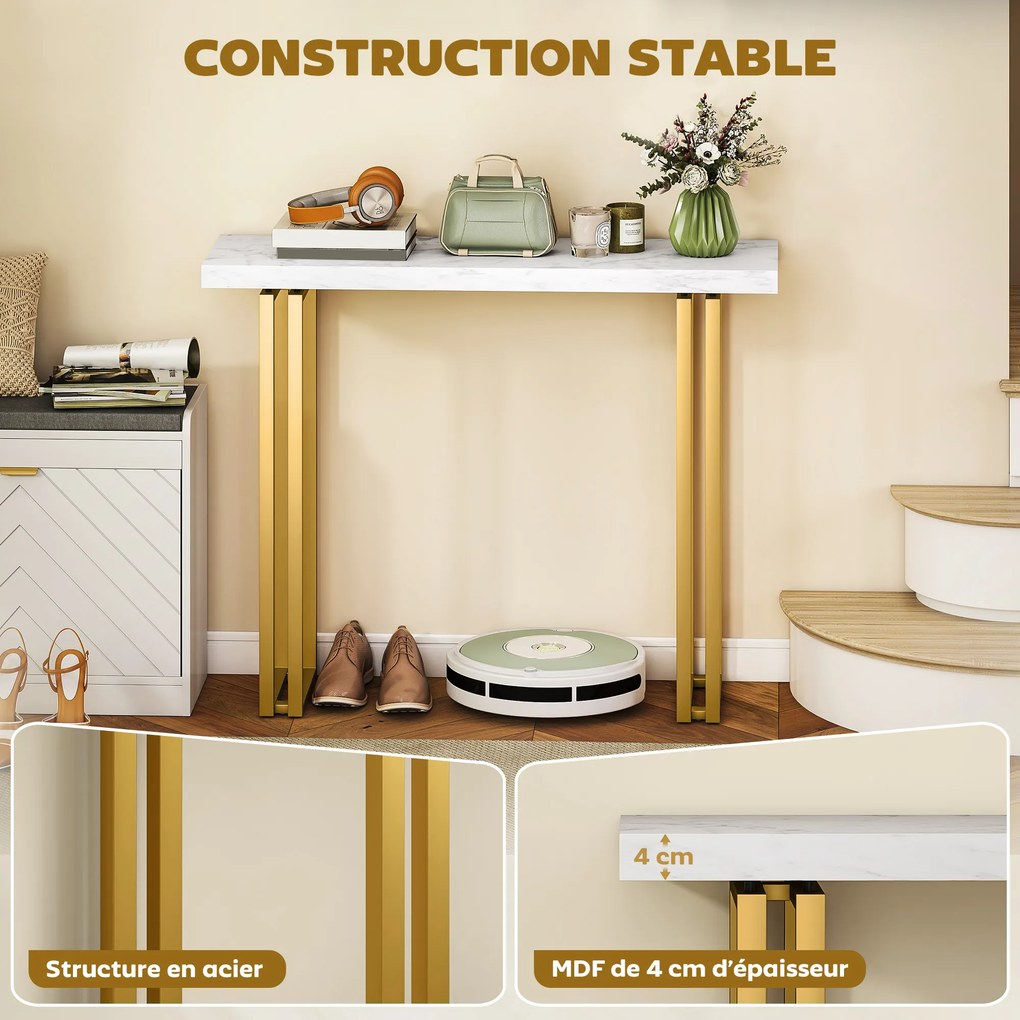 Mesa consola 100 x 30 x 78,5 cm, mesa de entrada, com tampo em imitação de mármore, estrutura em aço, branco e dourado