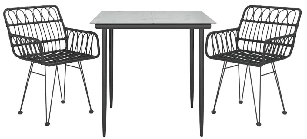 3 pcs conjunto de jantar para jardim vime PE preto