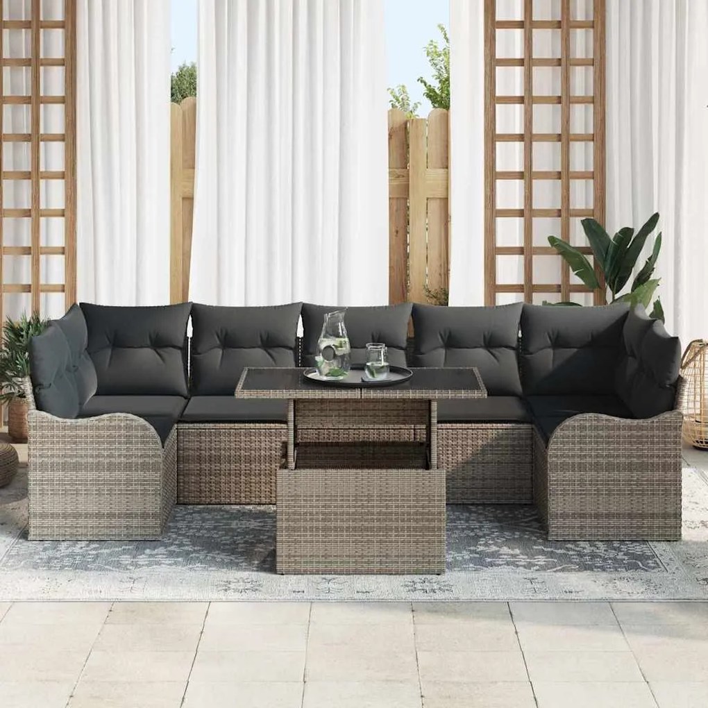 Sofá de Jardim 8 Peças com Almofadas Cinzas em Rattan Sintético