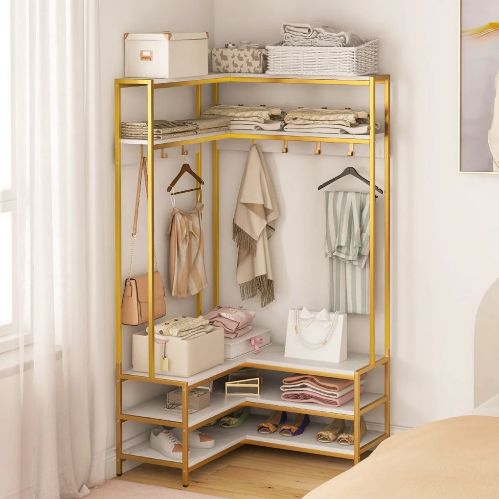 Guarda roupa aberto, móvel entrada de canto com prateleiras abertas e ganchos Banco para sapatos Estrutura metálica sólida 90 x 90 x 178 cm Branco
