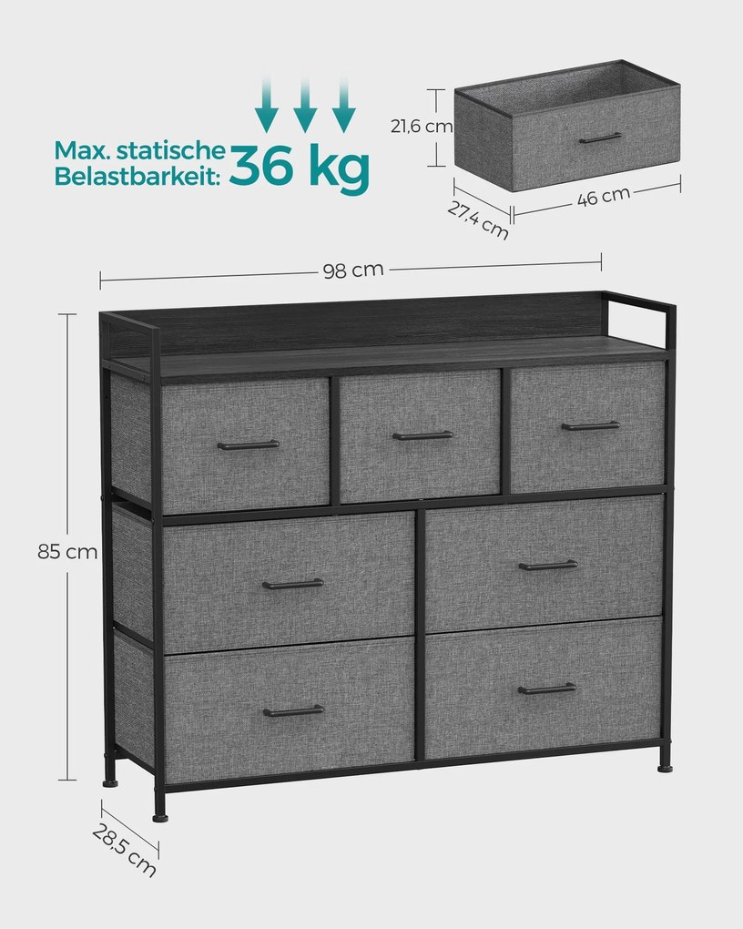 Cómoda 7 gavetas em tecido 28,5 x 98 x 85 cm Cinzento e Preto