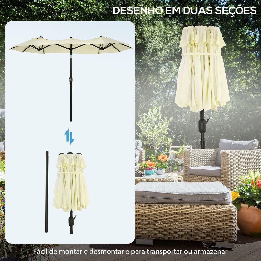 Outsunny Chapéu de Sol Duplo 285x147x227cm Chapéu de Sol de Jardim com Inclinação de 45° Manivela Estrutura de Aço para Pátio Varanda Piscina Bege