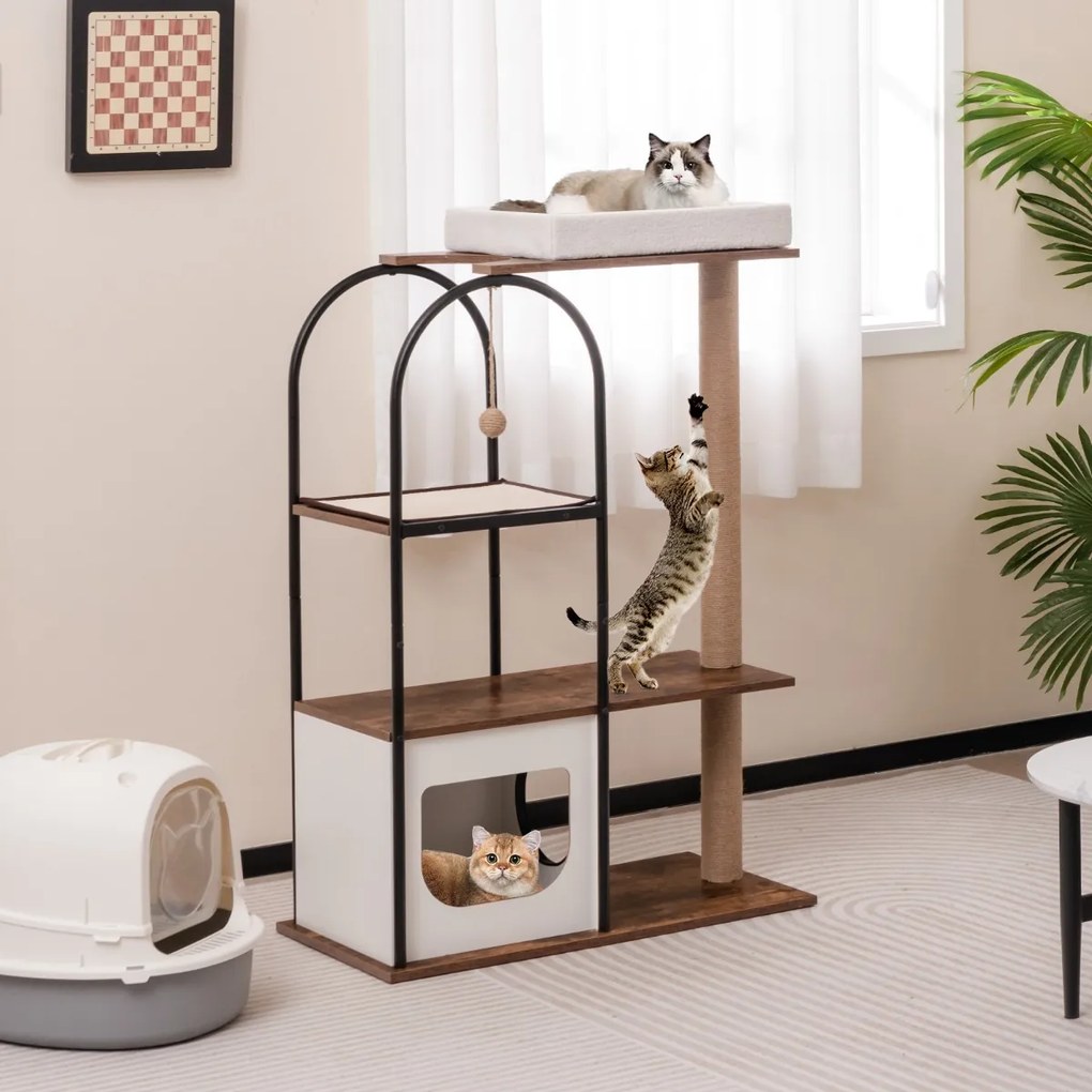 Arranhador para gatos de 118 cm com estrutura metálica Posto de arranhar de juta Tábua de sisal Bola de sisal Centro de actividades suspenso para gato