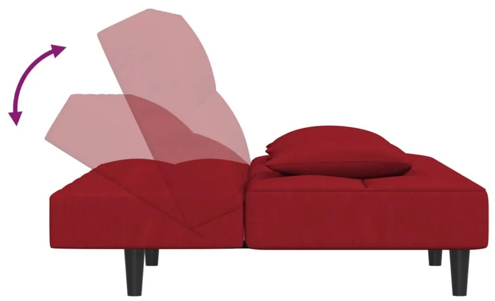 Sofá-cama 2 lugares com duas almofadas veludo vermelho tinto