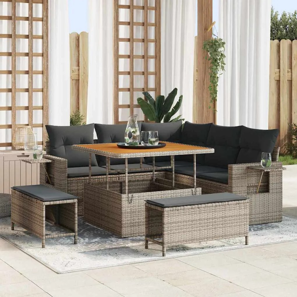 vidaXL Conjunto de Sofá de Jardim com 8 Peças e Almofadas Cinza em Rattan Poliéster Acácia