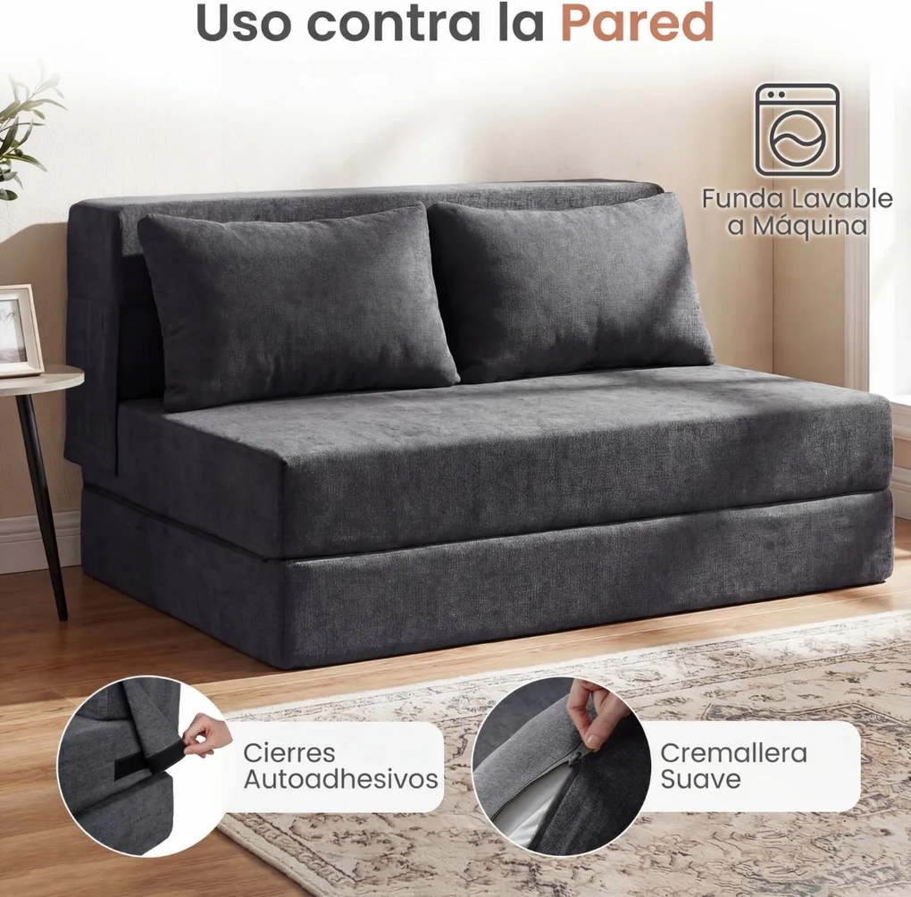 Sofá-cama futon dobrável grande 3 em 1 com 2 almofadas, tecido de chenille , para sala, quarto ou escritório cinzento