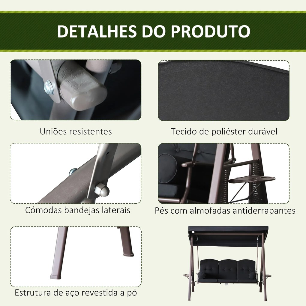 Banco Baloiço de Jardim de 3 Lugares com Teto 2 Almofadas Suporte para Bebidas 207x120,5x174 cm Preto