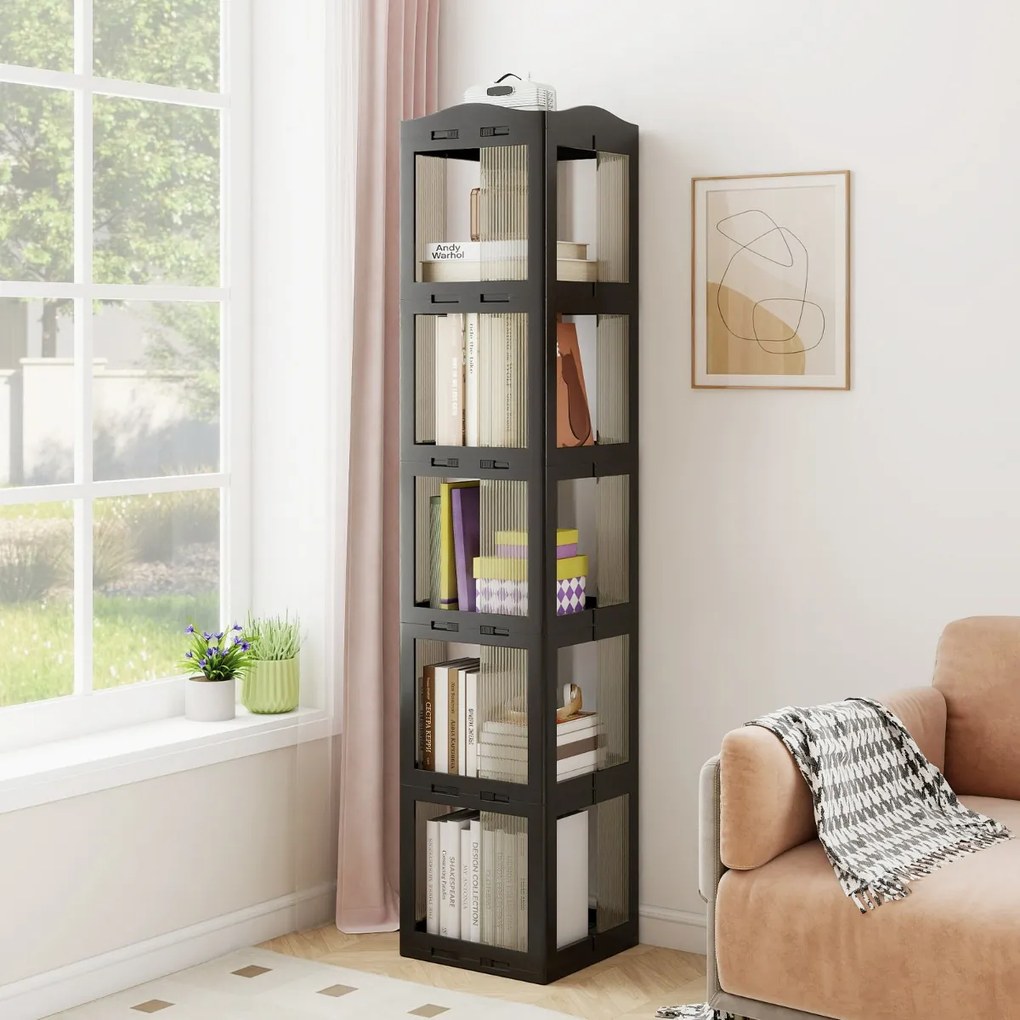 Estante com base giratória giratória 360° com 5 níveis 36,5 x 36 x 174 cm em Plástico dobrável com prateleiras Preta