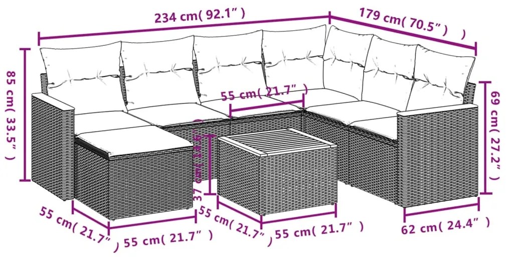 8 pcs conjunto sofás de jardim c/ almofadões vime PE cinzento