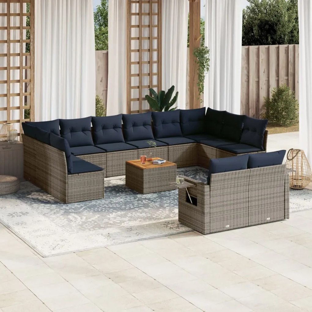 vidaXL 13 pcs conjunto sofás p/ jardim c/ almofadões vime PE cinzento