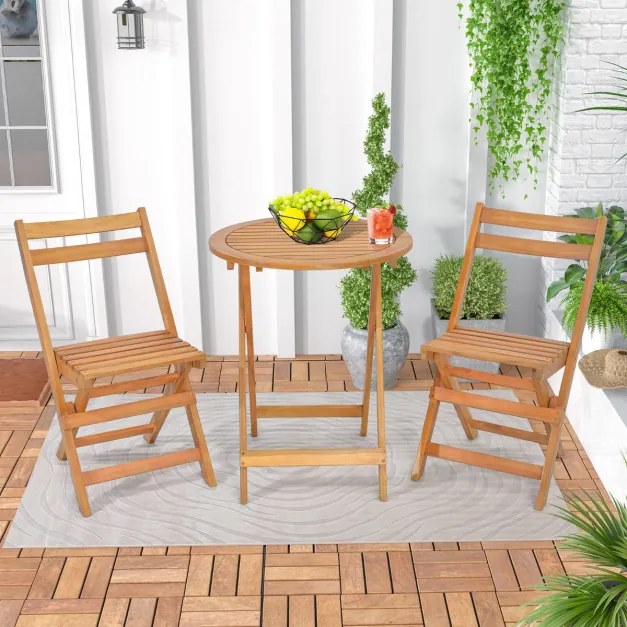 Conjunto de Mesa Redonda e 2 Cadeiras Dobráveis em Madeira de Acácia Mesa e Cadeiras de Interior para Pátio Varanda Jardim Natural