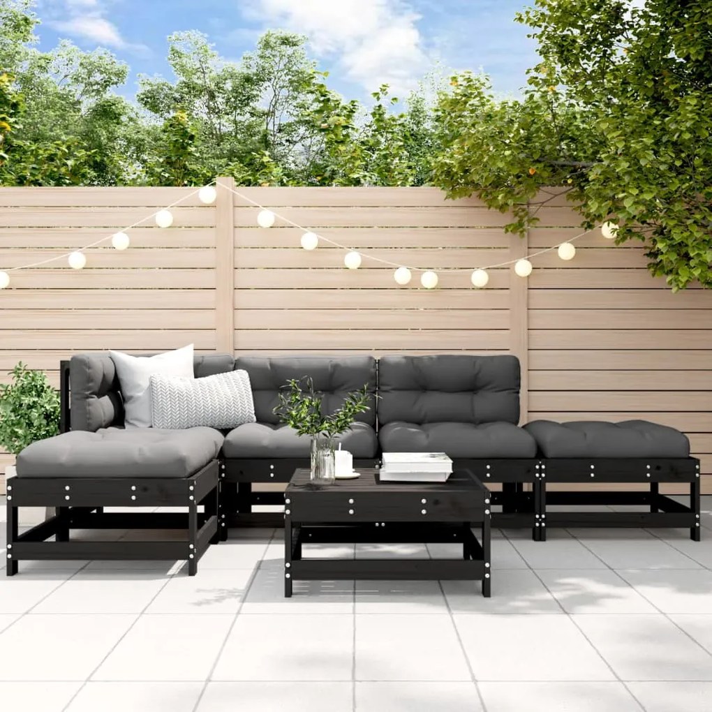 vidaXL 6pcs conjunto lounge jardim c/ almofadões madeira maciça preto