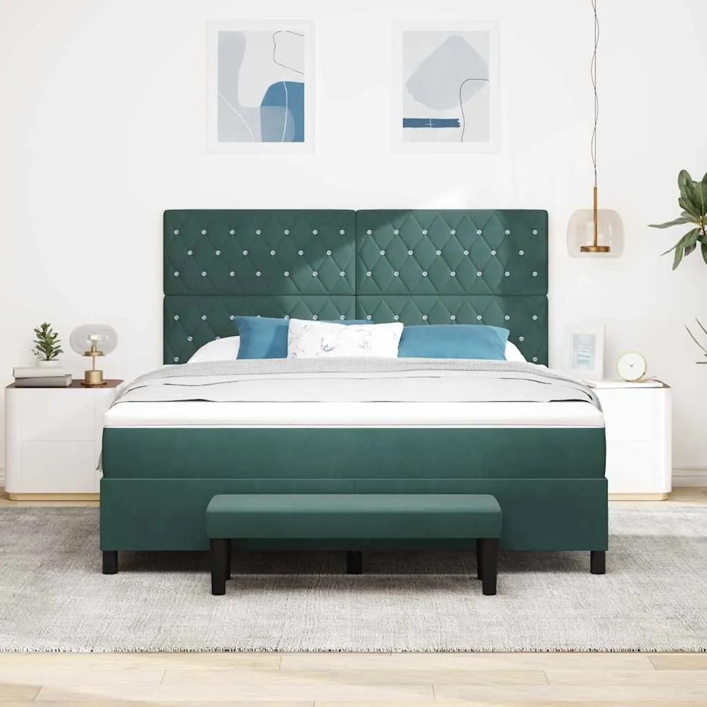 Cama Box Spring com Colchão e Banco Verde Escuro 180x200 cm Veludo