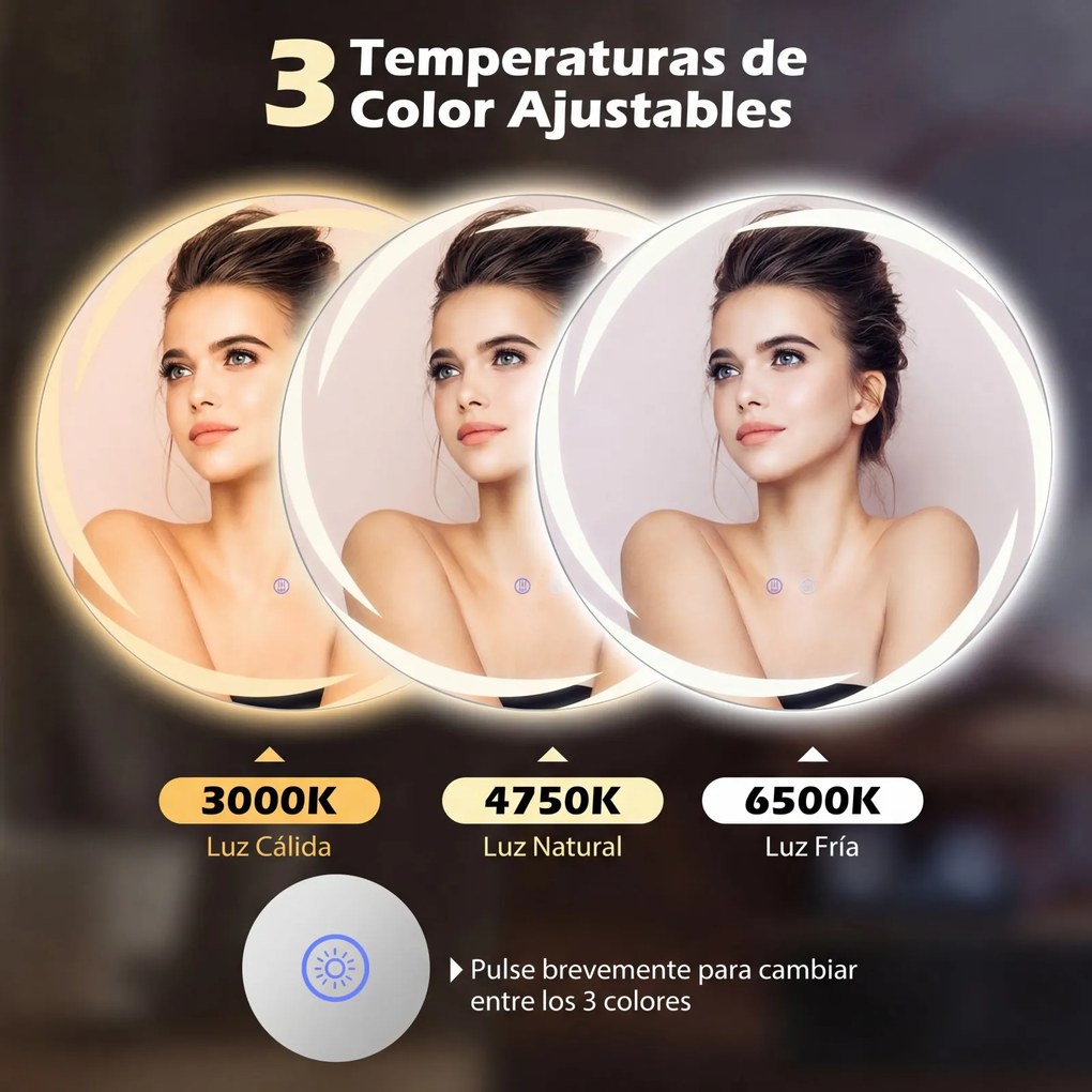 Espelho LED redondo de 80 cm para casa de banho, com luzes em 3 cores, antiembaciamento e luz traseira regulável, prateado