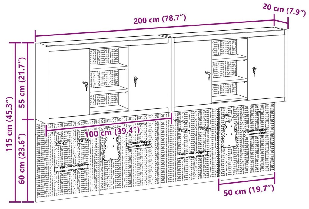 Conjunto de gabinete e painel de ferramentas de 4 peças montado na par