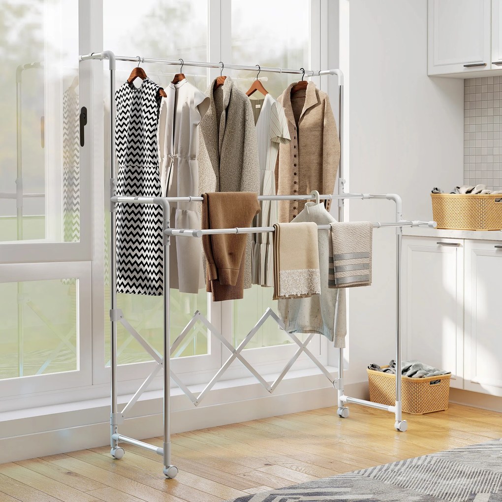 Estendal Vertical Dobrável de 3 Níveis Estendal de Aço Inoxidável com 3 Barras Ajustáveis e Extensíveis 4 Rodas 104-150x103x145-197 cm Prateado