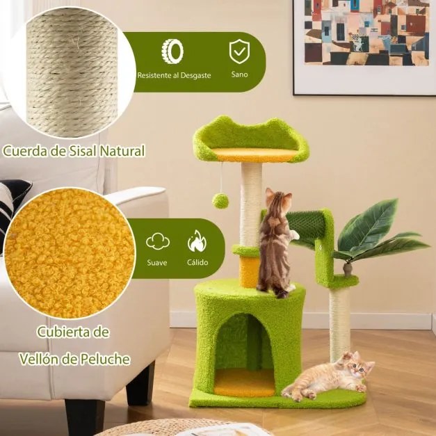 Árvore para gatos em forma de palmeira com folhas artificiais, postes de sisal, escova com pompons verde e laranja